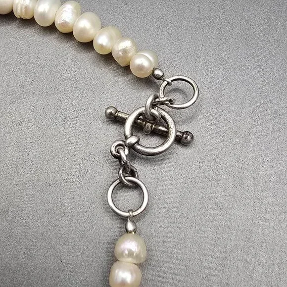 VTG White Graduated Baroque Pearl Necklace 22" Sterling Toggle Crystal Accents - Picture 7 of 13